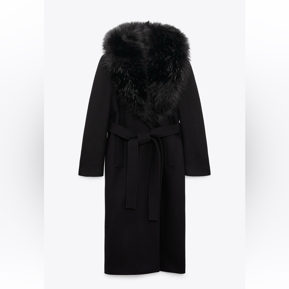 Zara Elegant Black Trench Coat with Fur Trim